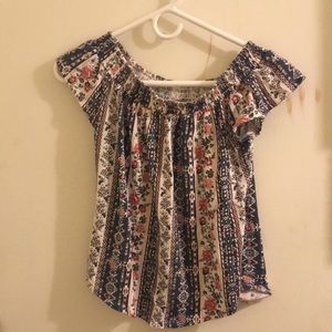 Multicolored off the shoulder rose design shirt